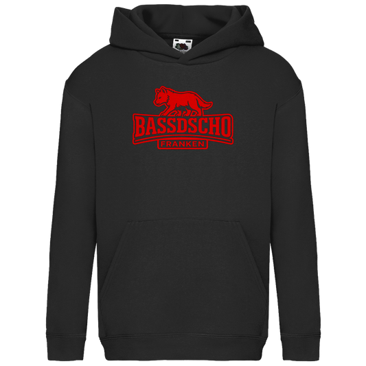 Kids Basic Hoodie Bassdscho Franken Wolf Rot und rot umrandet