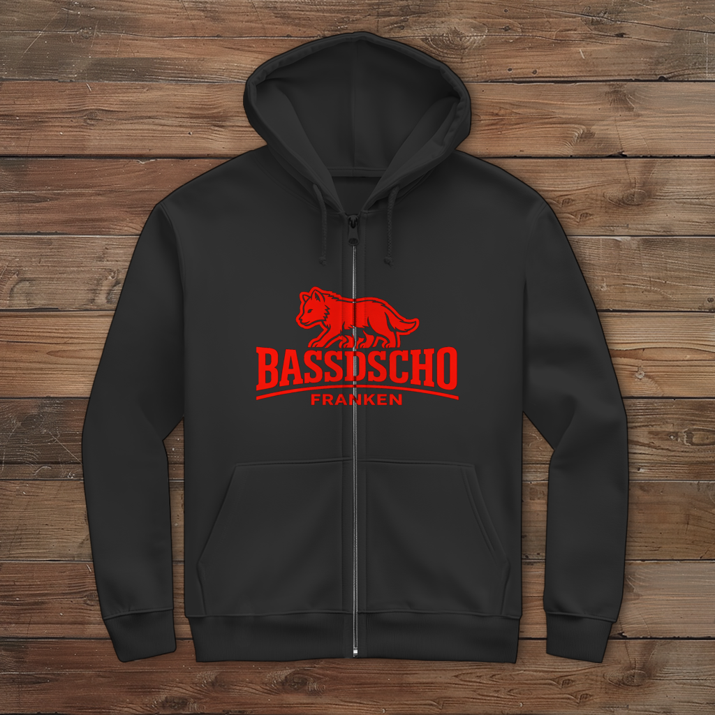 Herren Zipper Hoodie Bassdscho Franken Wolf Rot langer strich