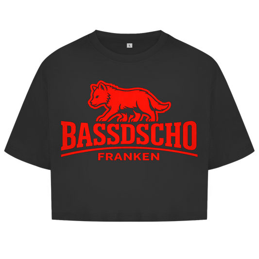 Damen Oversize Crop Top Bassdscho Franken Wolf Rot langer strich