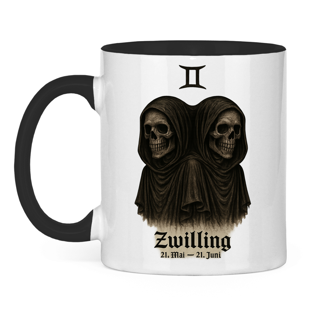 Tasse zweifarbig Zwilling des Todes mit astrologischem Symbol