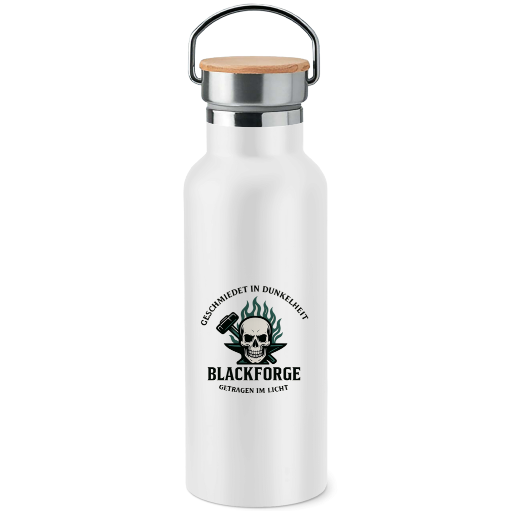 Edelstahl-Trinkflasche mit Bambusdeckel Logo Slogan transparent