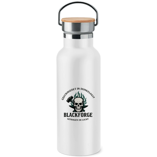 Edelstahl-Trinkflasche mit Bambusdeckel Logo Slogan transparent