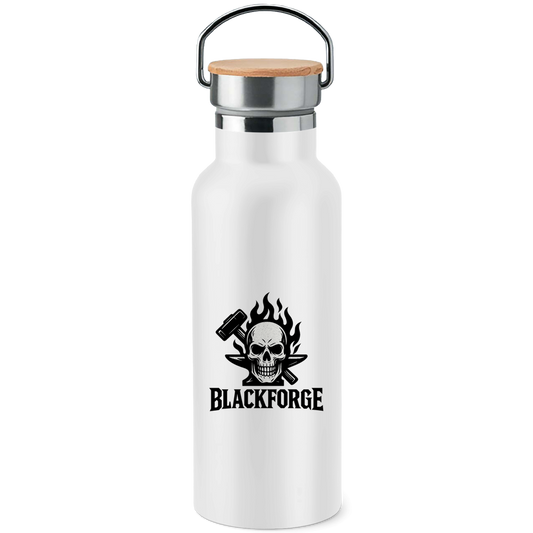 Edelstahl-Trinkflasche mit Bambusdeckel Logo schwarz transparent