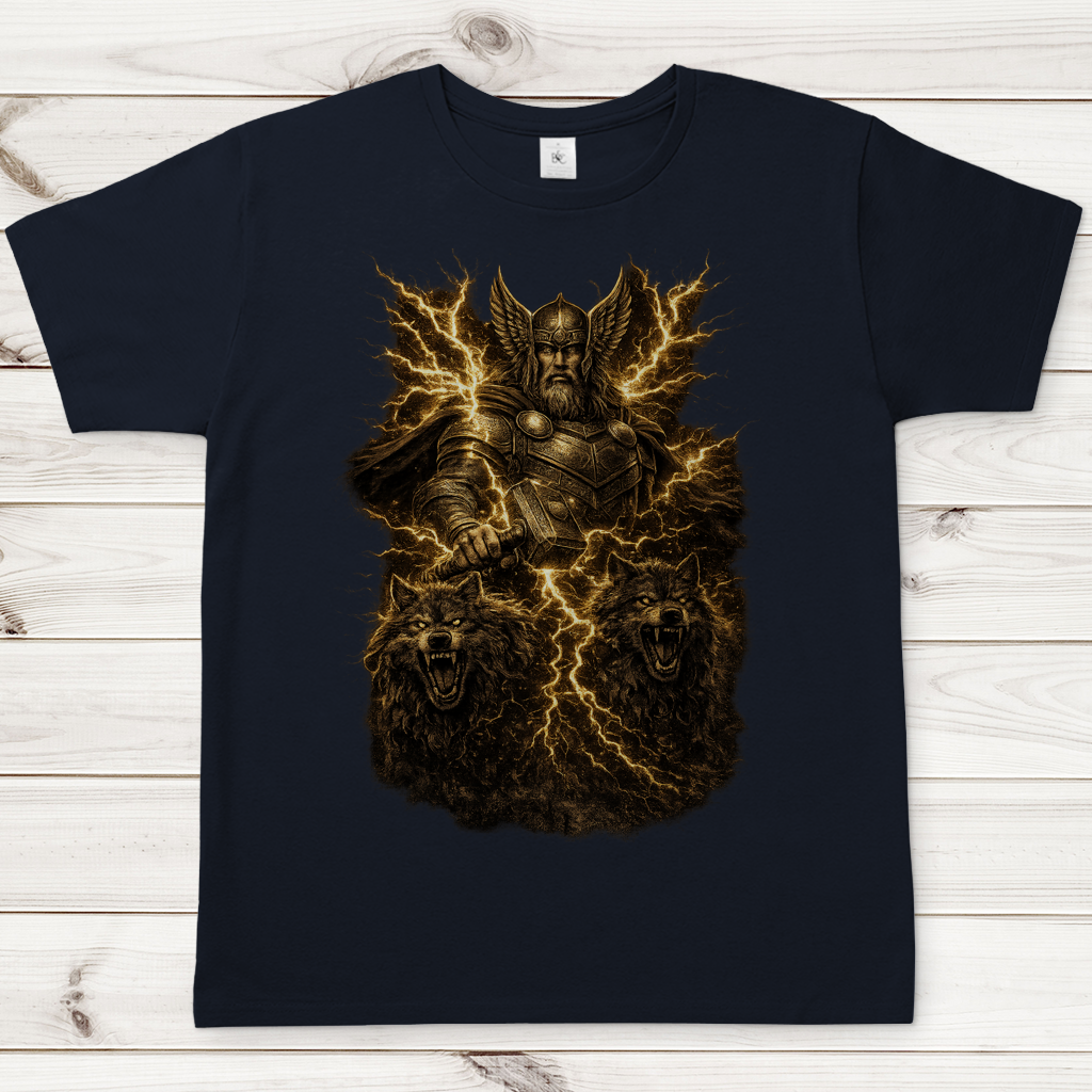 Herren T-Shirt Thor und die Rabenwölfe im Blitz