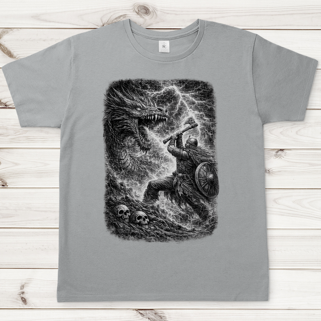 Herren T-Shirt Norsekrieger gegen Drachenkampf im Blitzsturm