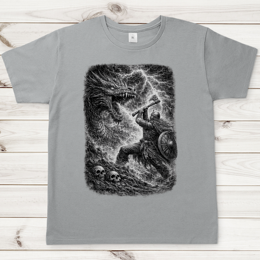 Herren T-Shirt Norsekrieger gegen Drachenkampf im Blitzsturm