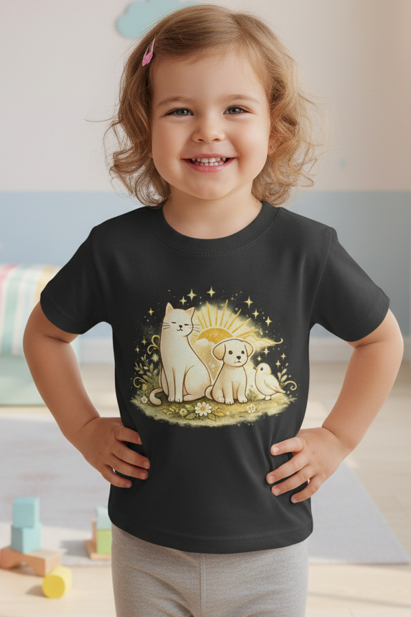 Kinder Basic T-Shirt Katze, Hund und Vogel