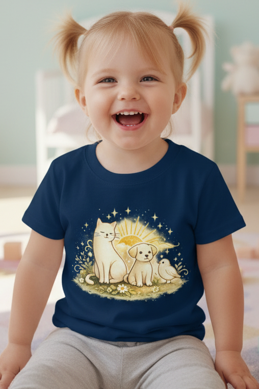 Kinder Basic T-Shirt Katze, Hund und Vogel