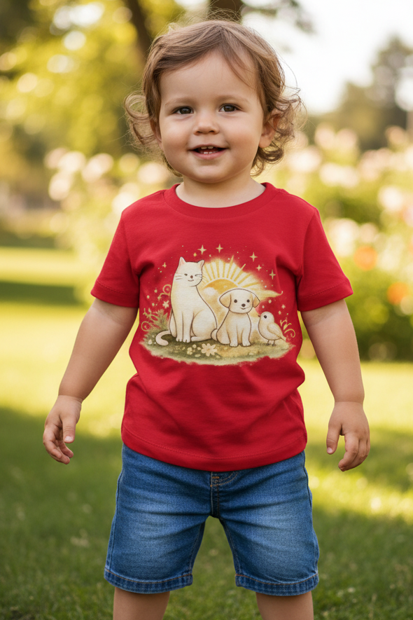 Kinder Basic T-Shirt Katze, Hund und Vogel