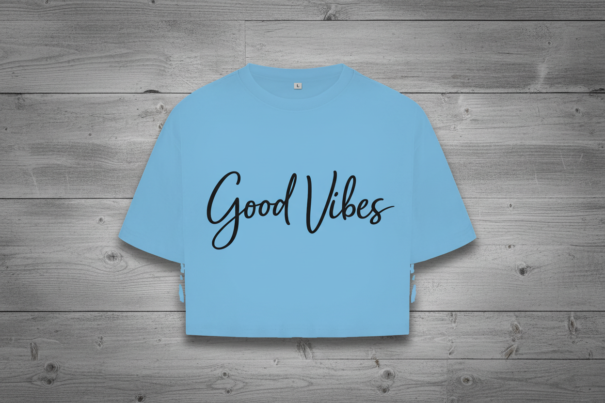 Damen Oversize Crop Top Gute Vibes in eleganter Schrift