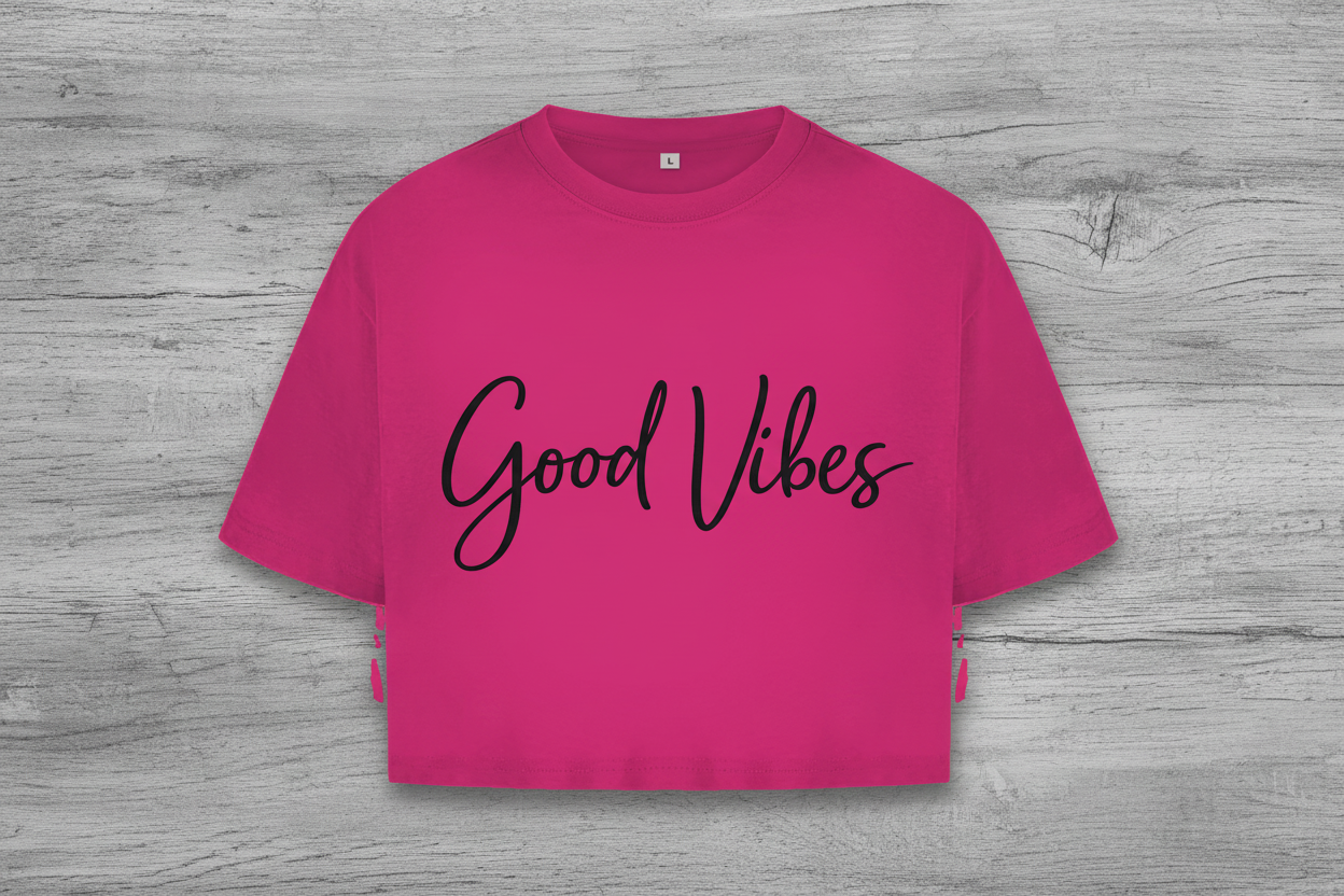 Damen Oversize Crop Top Gute Vibes in eleganter Schrift