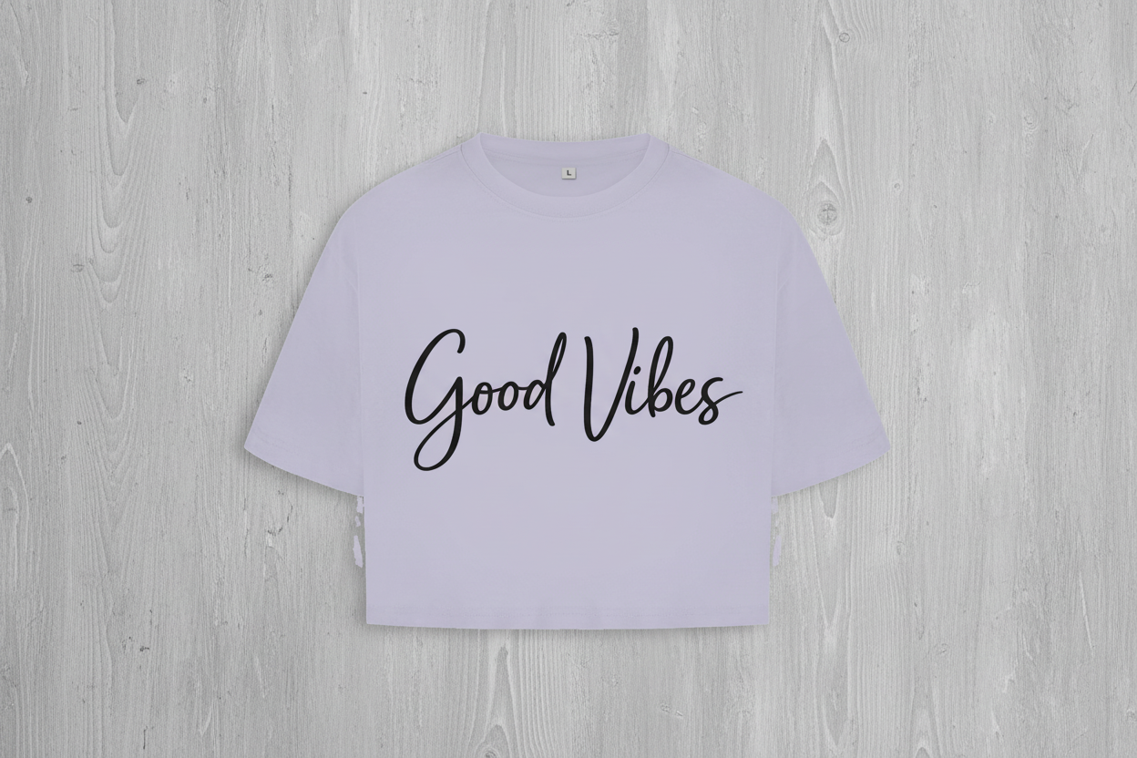 Damen Oversize Crop Top Gute Vibes in eleganter Schrift