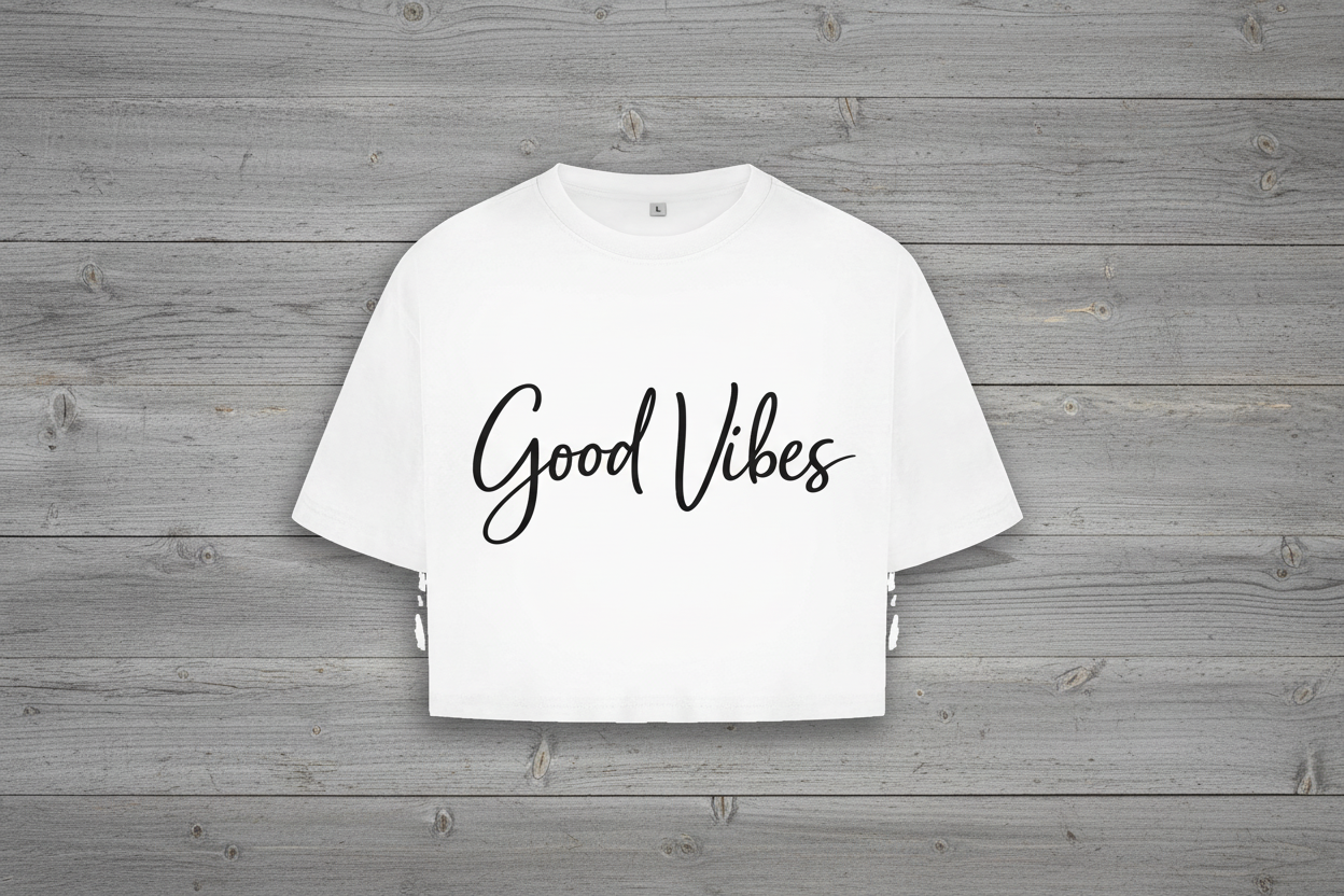 Damen Oversize Crop Top Gute Vibes in eleganter Schrift
