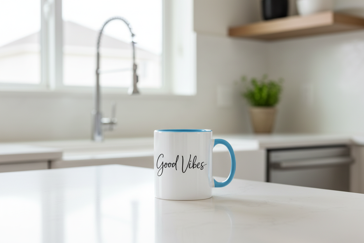 Panorama Tasse zweifarbig Gute Vibes in eleganter Schrift
