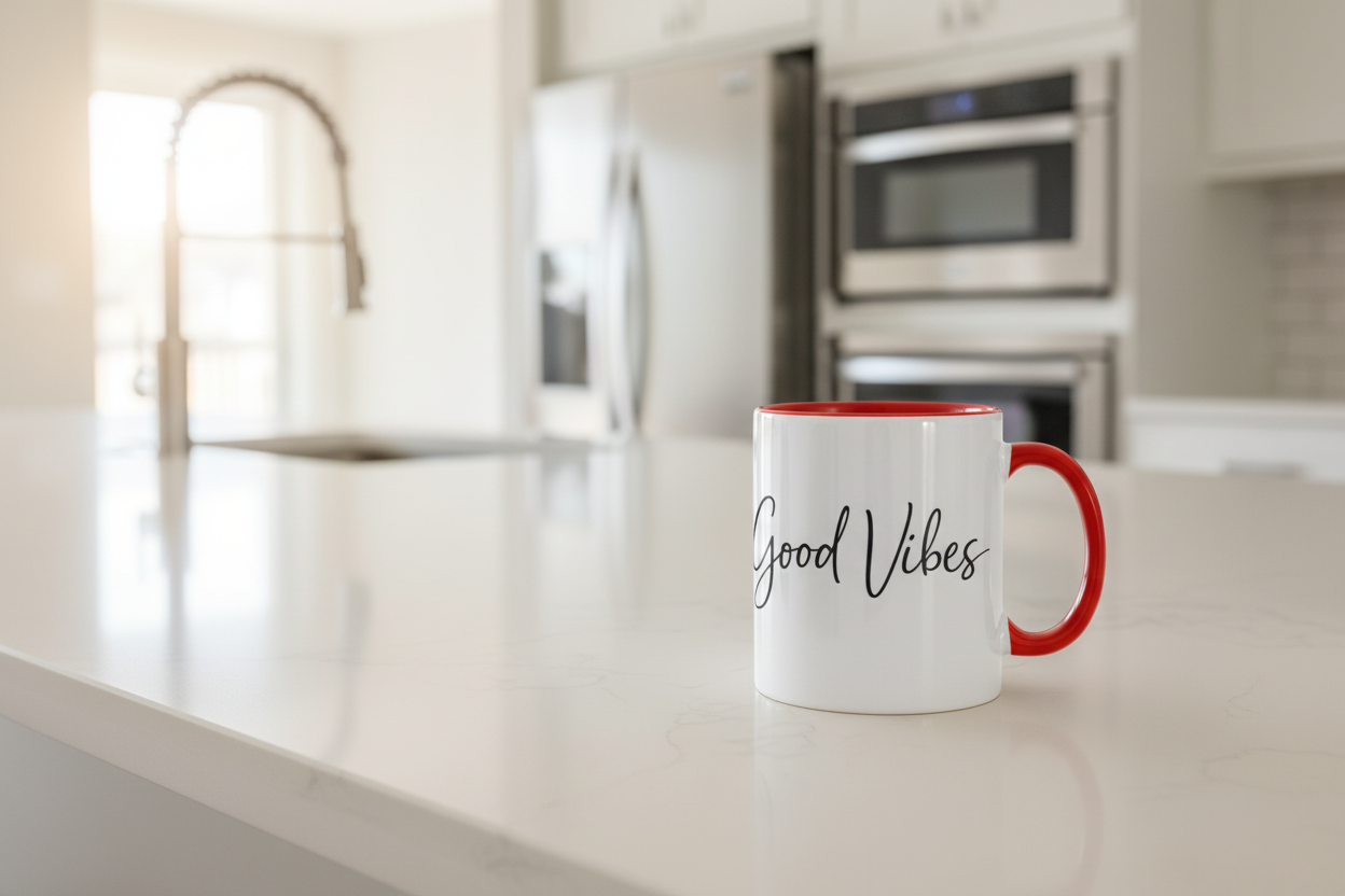 Panorama Tasse zweifarbig Gute Vibes in eleganter Schrift
