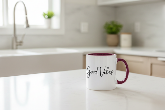 Panorama Tasse zweifarbig Gute Vibes in eleganter Schrift
