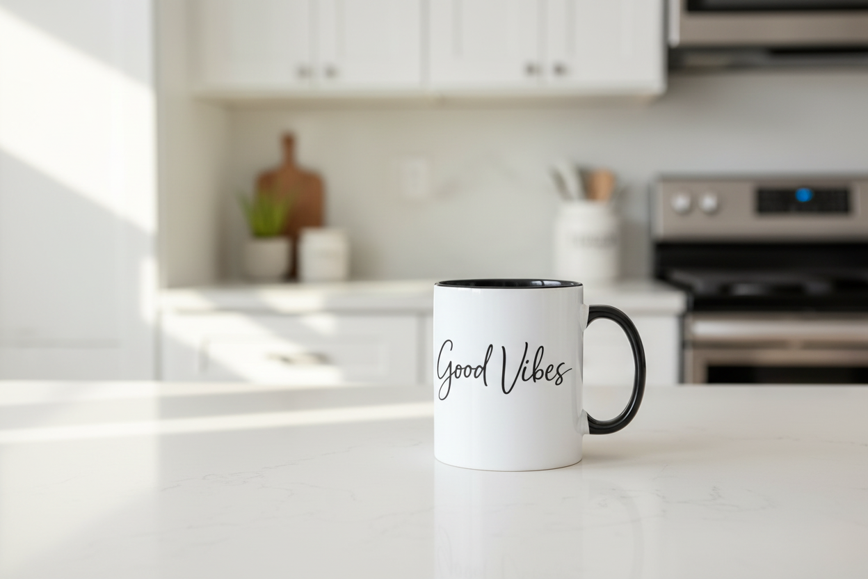 Panorama Tasse zweifarbig Gute Vibes in eleganter Schrift