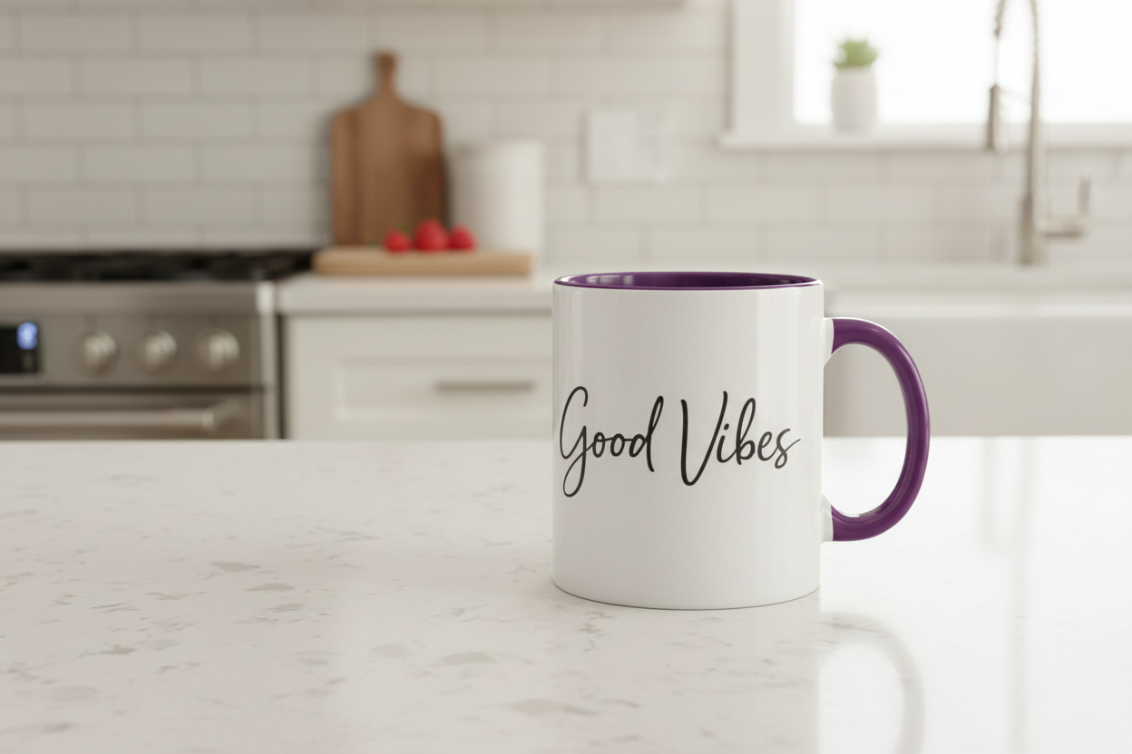 Panorama Tasse zweifarbig Gute Vibes in eleganter Schrift