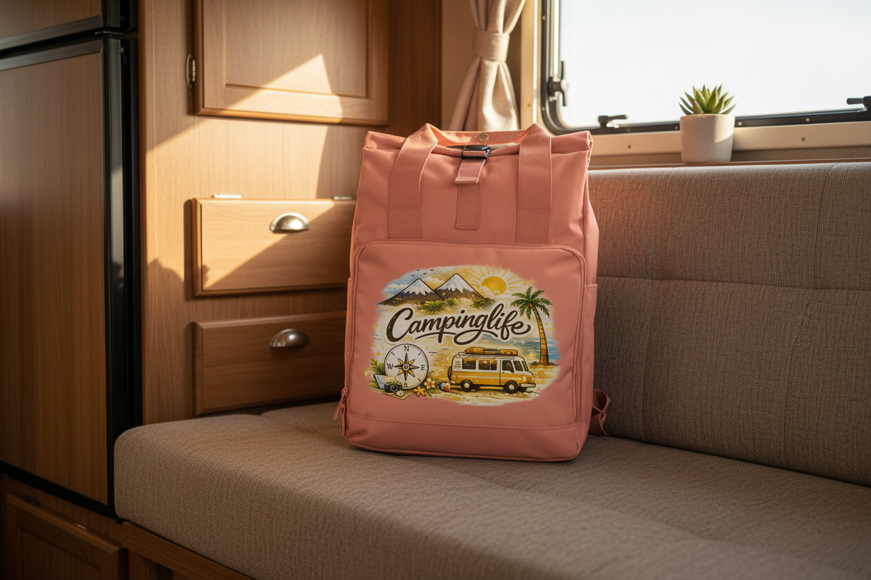 Rucksack mit Seitentasche Reiseabenteuer in lebendigen Farben