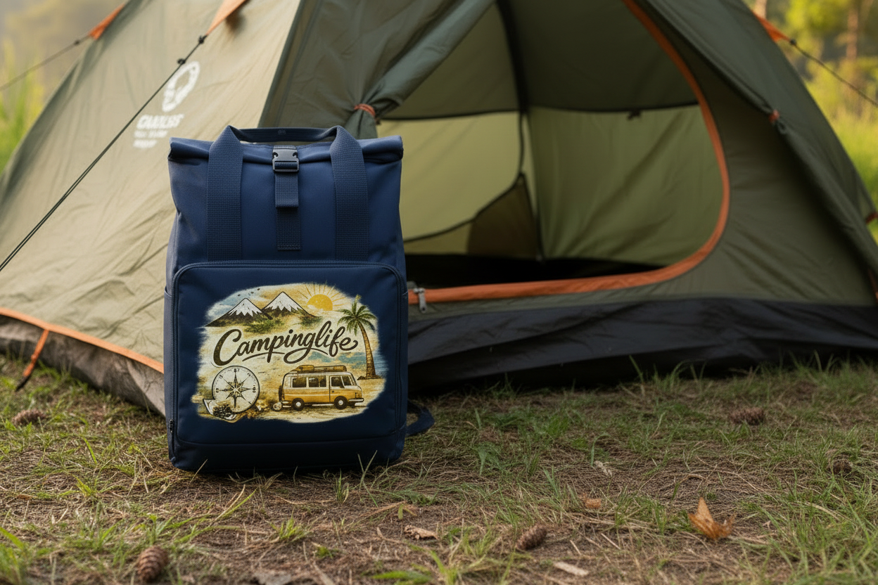 Rucksack mit Seitentasche Reiseabenteuer in lebendigen Farben