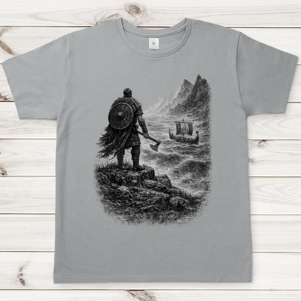 Herren T-Shirt Vikingkrieger auf stürmischer Felsenklippe