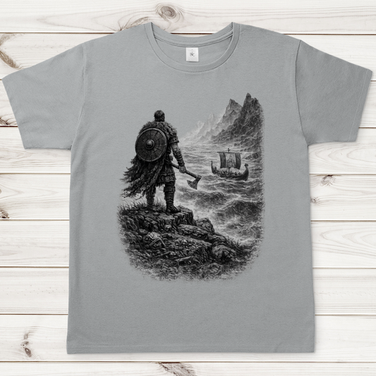 Herren T-Shirt Vikingkrieger auf stürmischer Felsenklippe