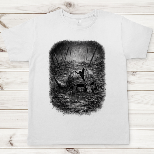 Herren T-Shirt Zerstörtes Wikingerhelm im Schlachtfeld