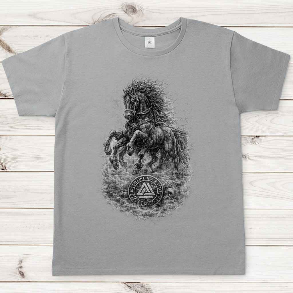 Herren T-Shirt Pferd im Nebel mit Valknut-Symbol