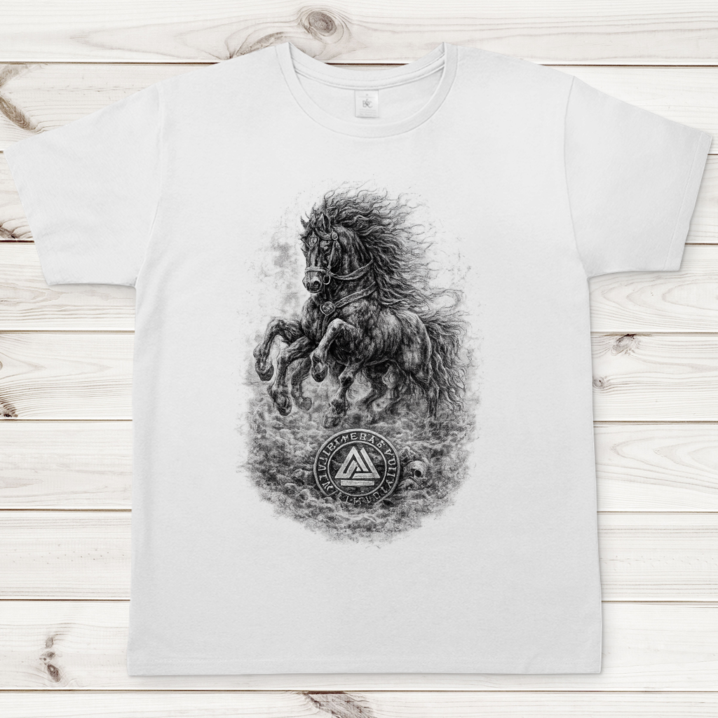 Herren T-Shirt Pferd im Nebel mit Valknut-Symbol
