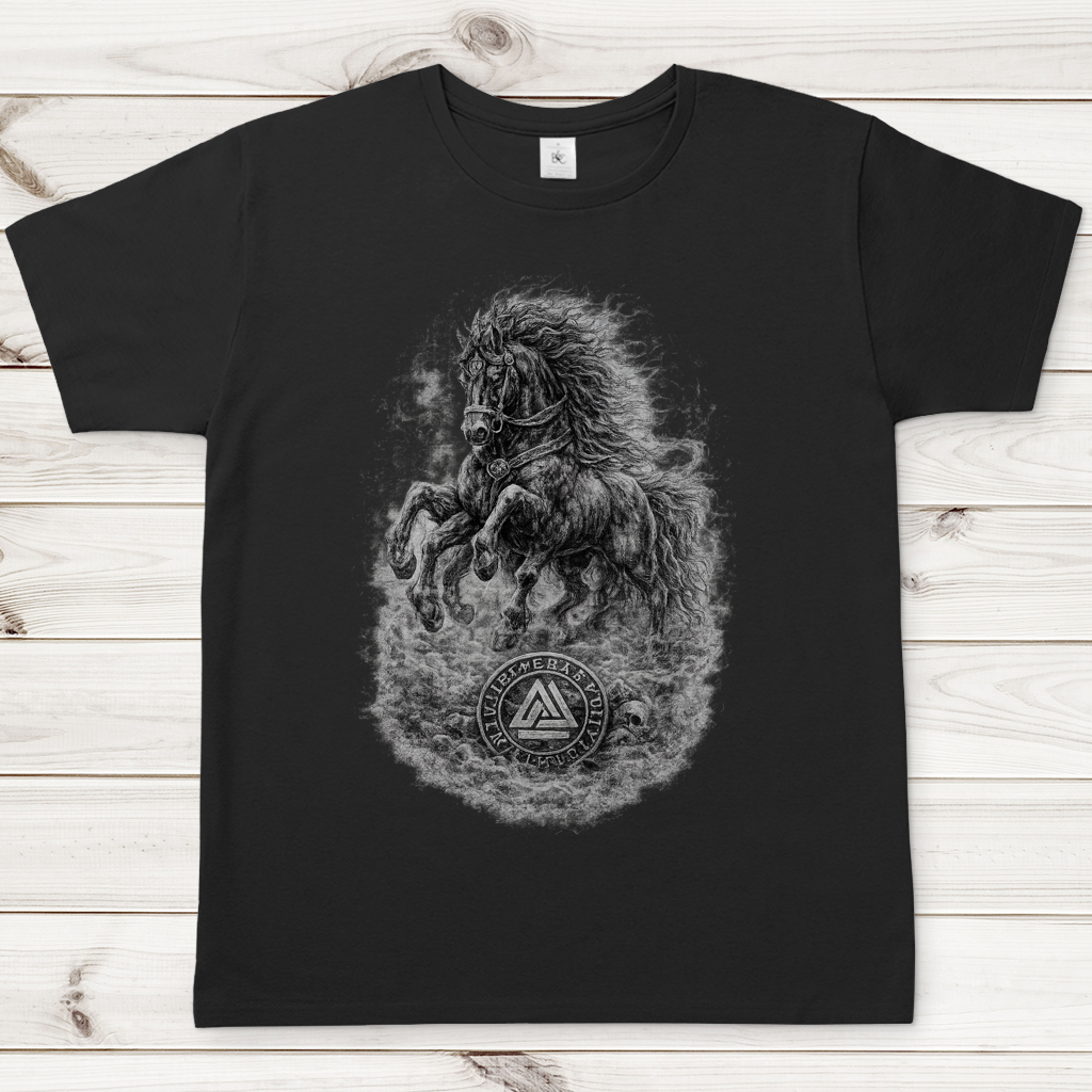 Herren T-Shirt Pferd im Nebel mit Valknut-Symbol