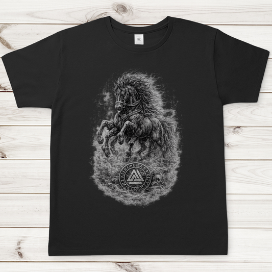 Herren T-Shirt Pferd im Nebel mit Valknut-Symbol
