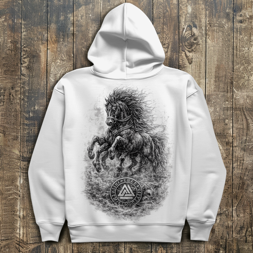 Herren Hoodie Pferd im Nebel mit Valknut-Symbol