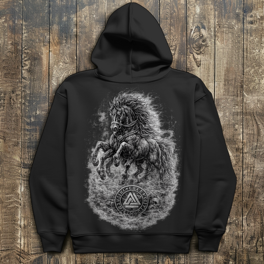 Herren Hoodie Pferd im Nebel mit Valknut-Symbol