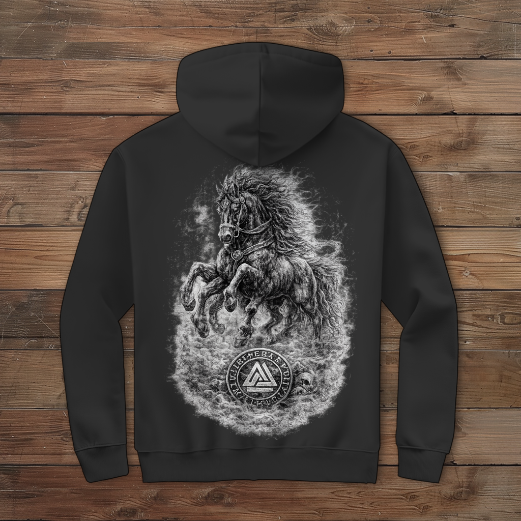 Herren Zipper Hoodie Pferd im Nebel mit Valknut-Symbol