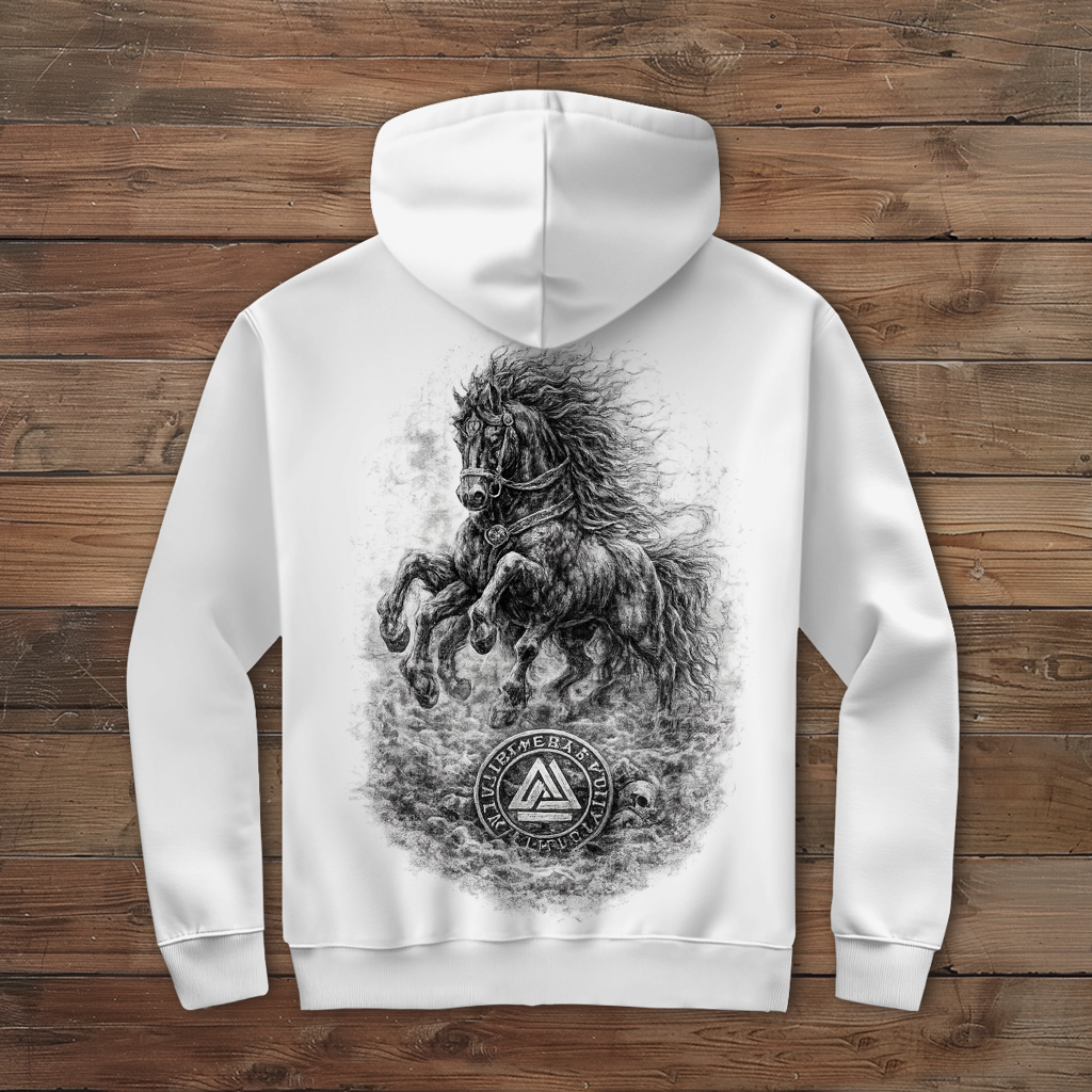 Herren Zipper Hoodie Pferd im Nebel mit Valknut-Symbol