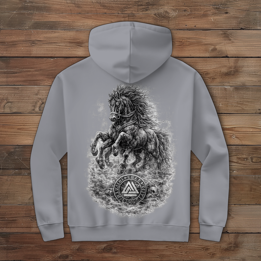 Herren Zipper Hoodie Pferd im Nebel mit Valknut-Symbol