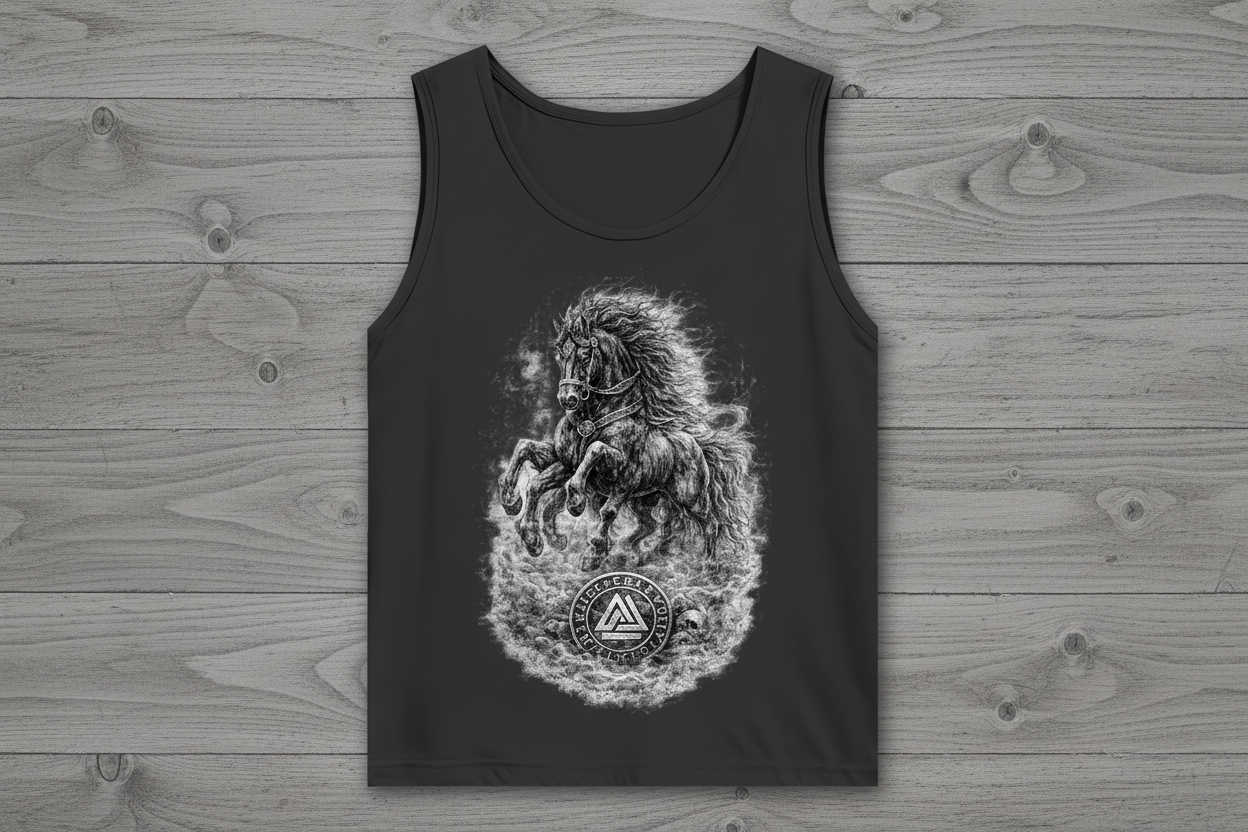 Herren Basic Tank Top Pferd im Nebel mit Valknut-Symbol