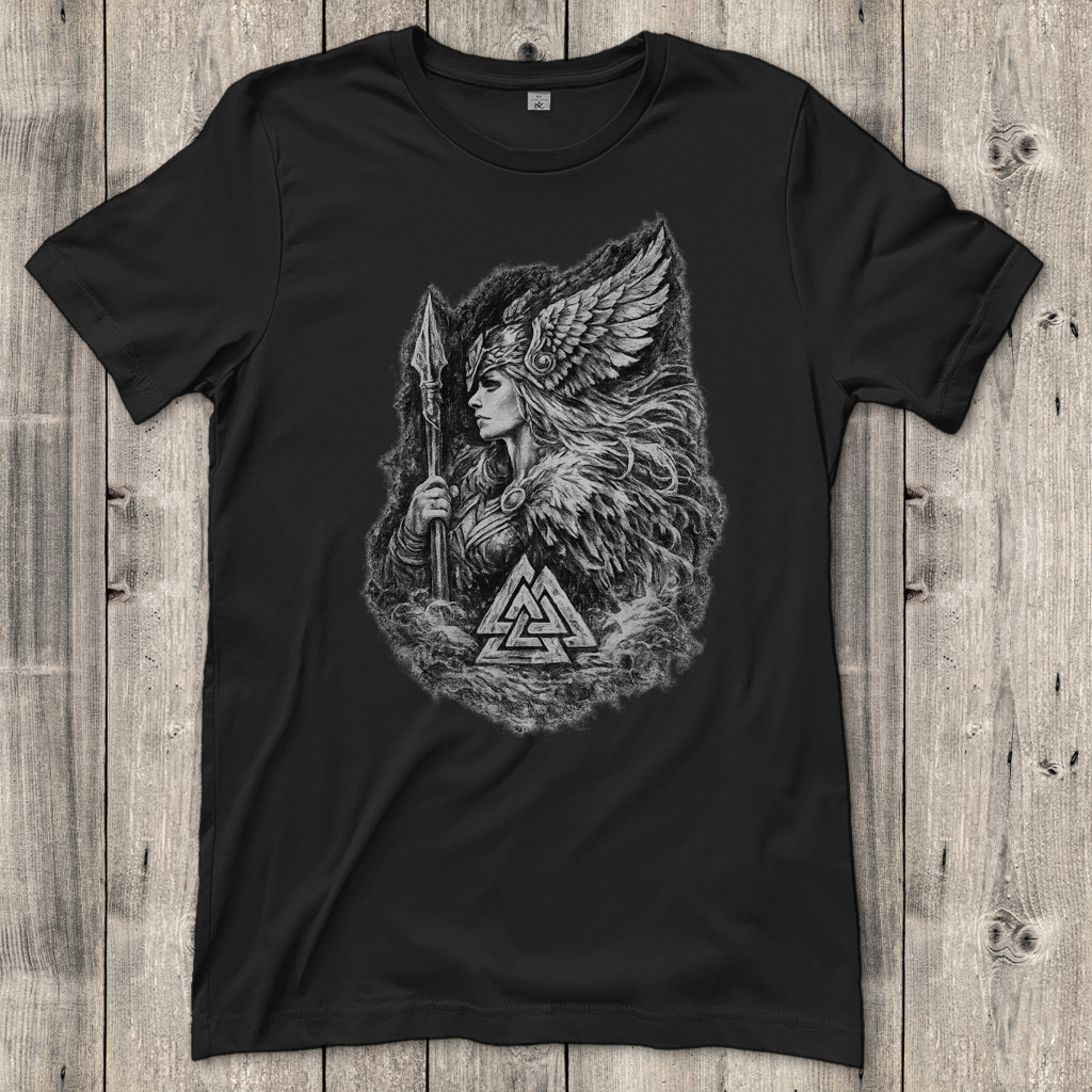 Damen T-Shirt Valkyrie im Nebel mit Valknut-Symbol