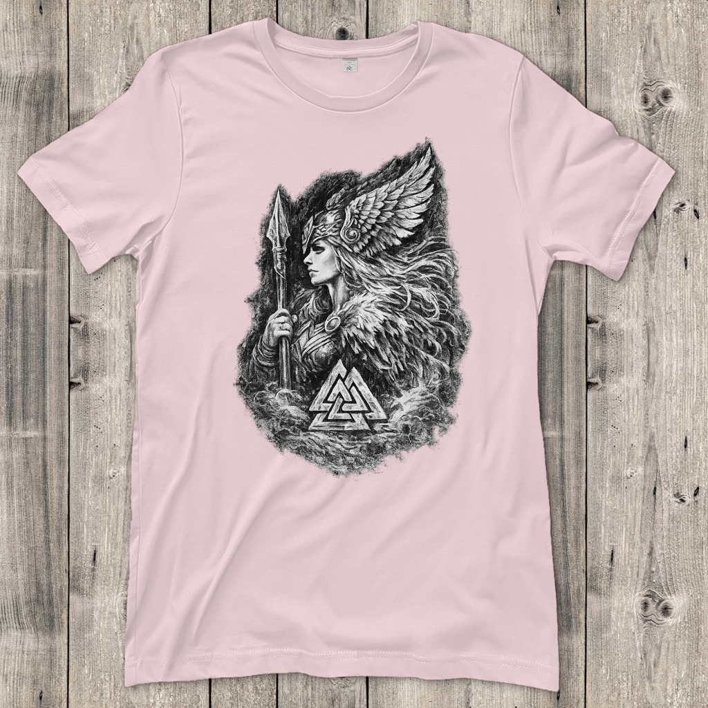 Damen T-Shirt Valkyrie im Nebel mit Valknut-Symbol
