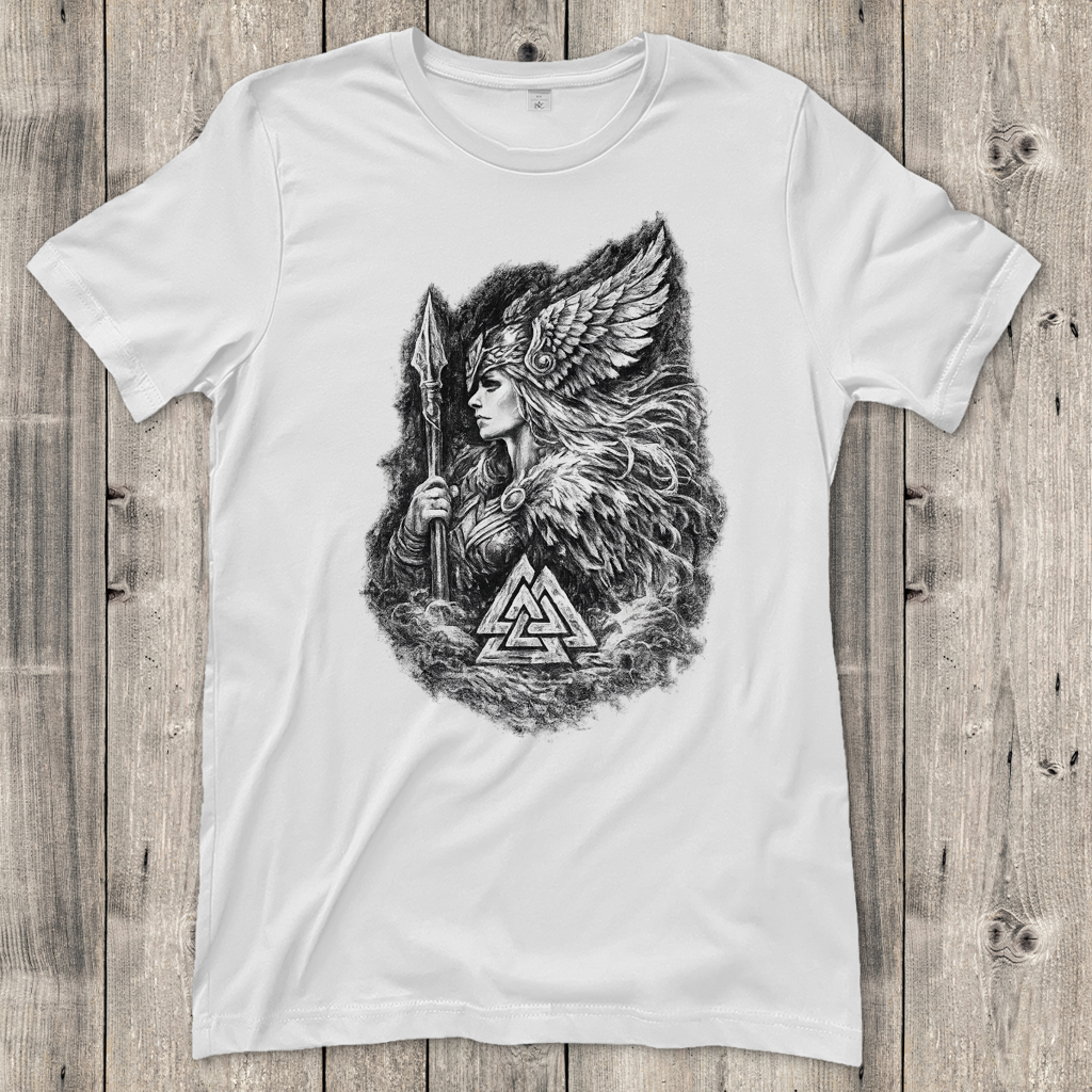 Damen T-Shirt Valkyrie im Nebel mit Valknut-Symbol