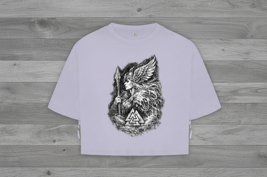 Damen Oversize Crop Top Valkyrie im Nebel mit Valknut-Symbol