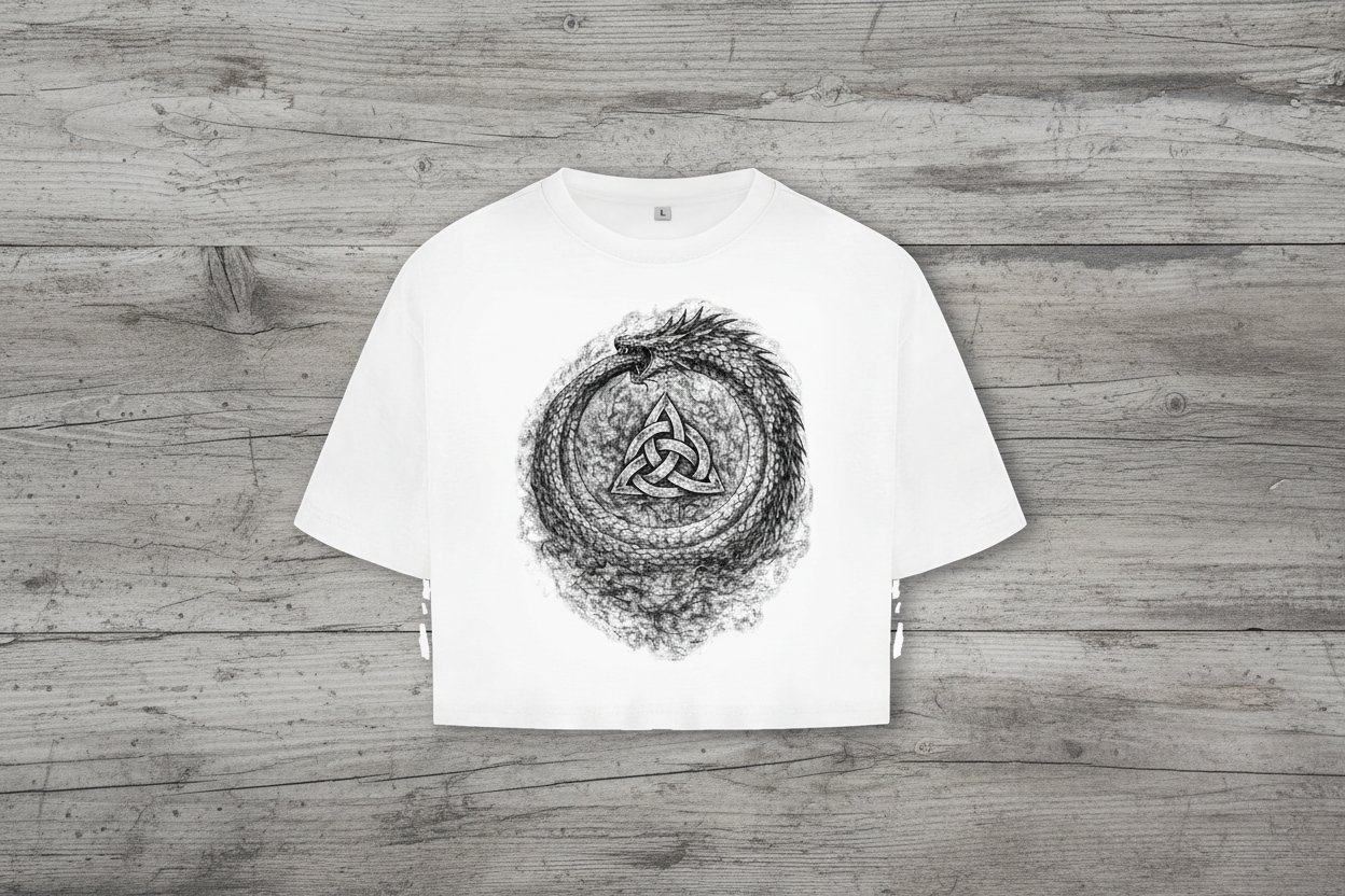 Damen Oversize Crop Top Drachenouroboros mit Triquetra-Symbol