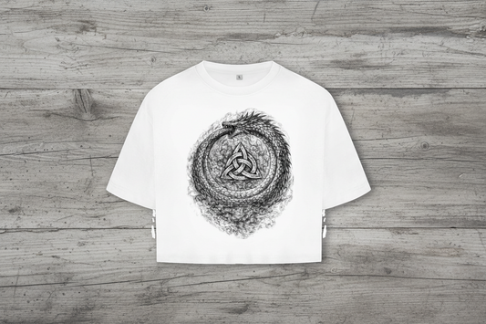 Damen Oversize Crop Top Drachenouroboros mit Triquetra-Symbol
