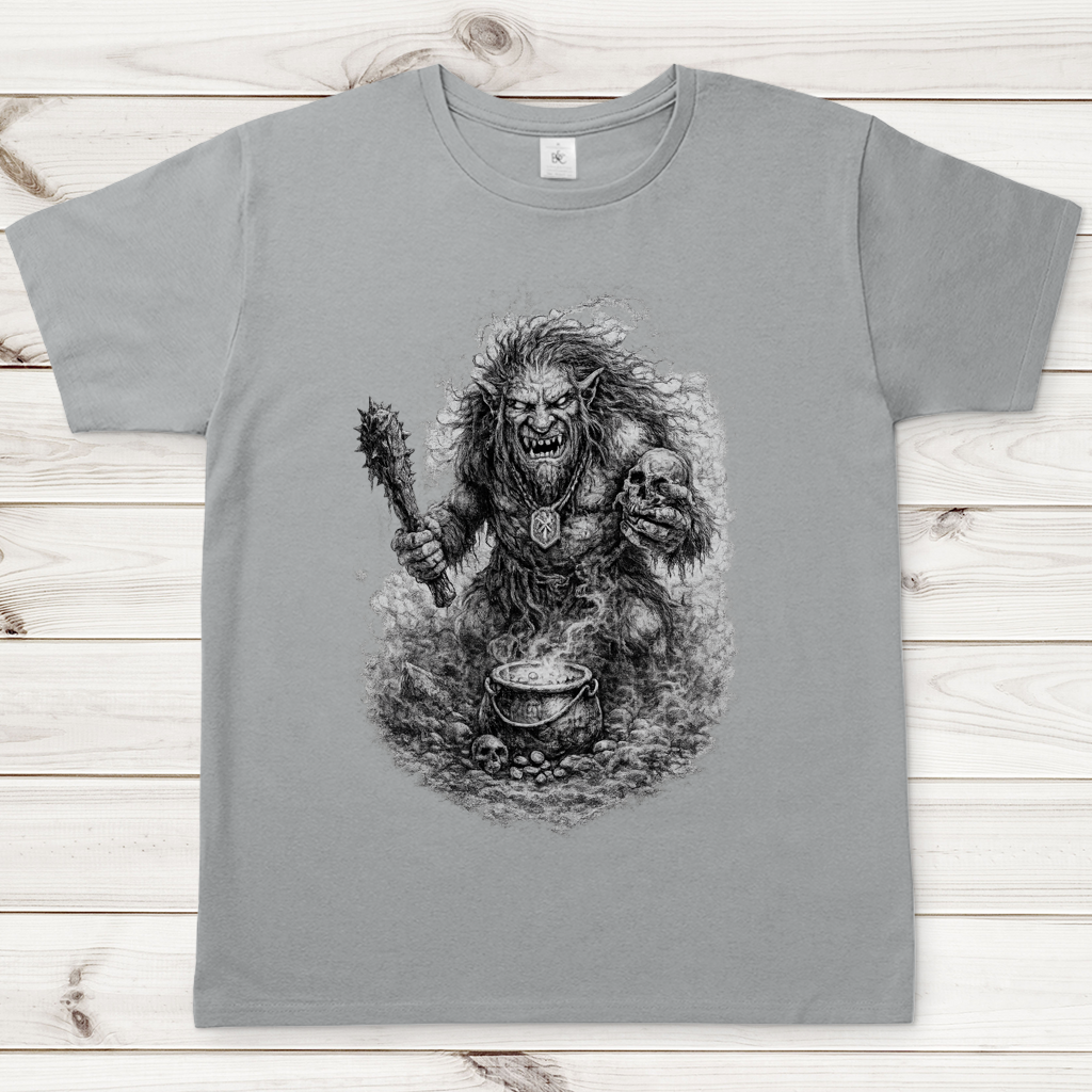 Herren T-Shirt Monströser Troll vor dampfendem Kessel