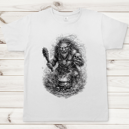 Herren T-Shirt Monströser Troll vor dampfendem Kessel