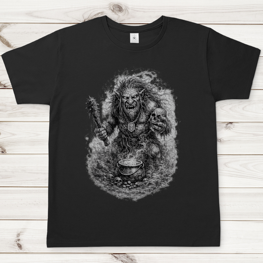 Herren T-Shirt Monströser Troll vor dampfendem Kessel
