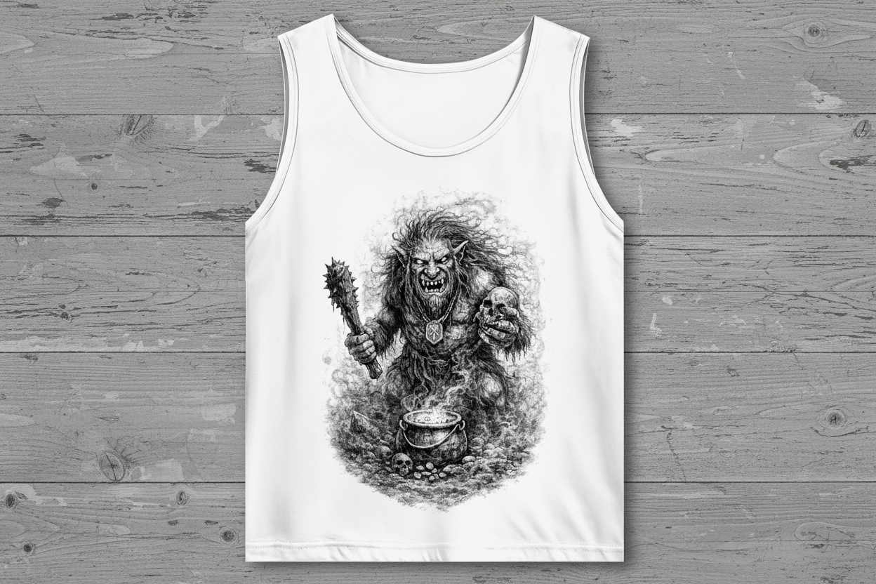 Herren Basic Tank Top Monströser Troll vor dampfendem Kessel