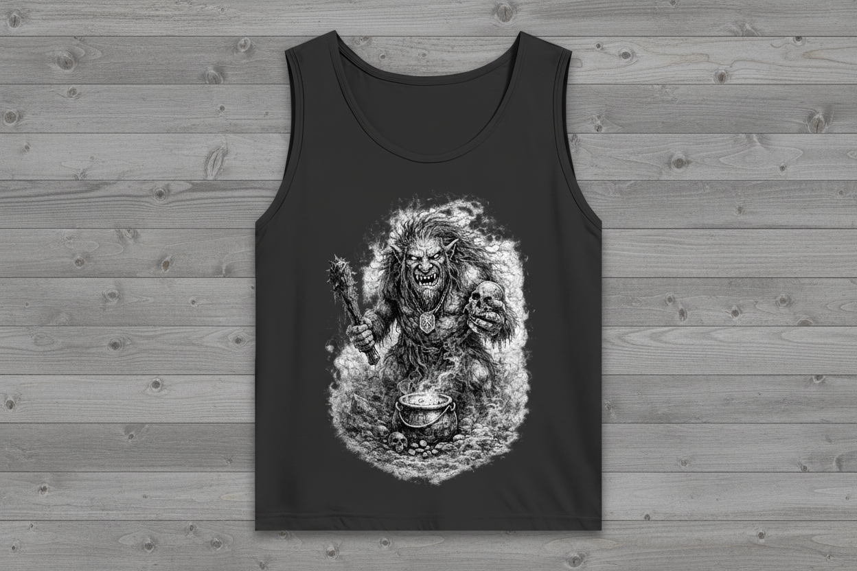 Herren Basic Tank Top Monströser Troll vor dampfendem Kessel