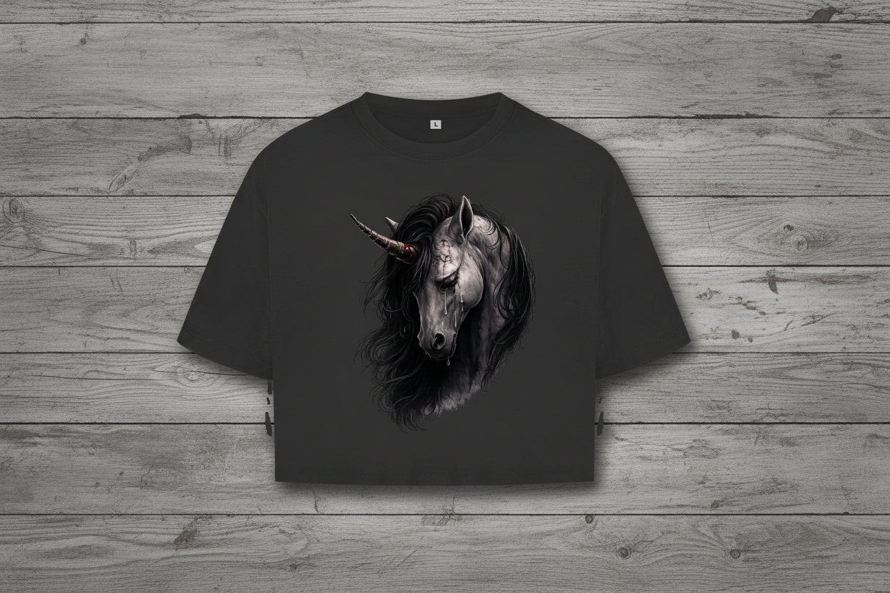 Damen Oversize Crop Top Einhorn in tiefem Schmerz