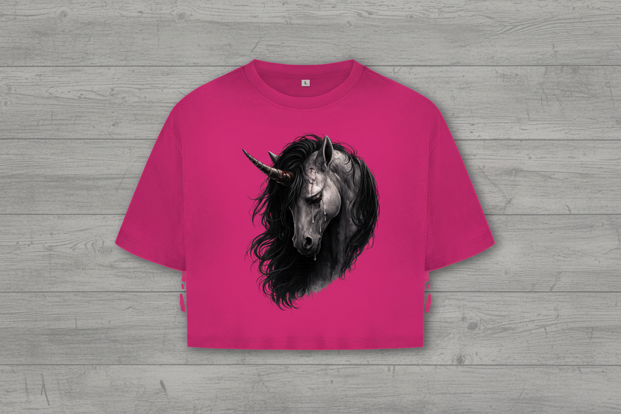Damen Oversize Crop Top Einhorn in tiefem Schmerz